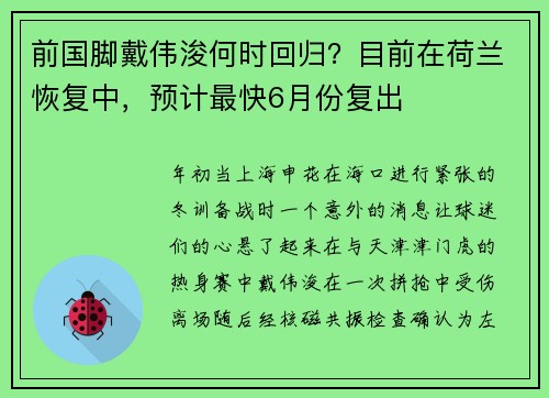 前国脚戴伟浚何时回归？目前在荷兰恢复中，预计最快6月份复出